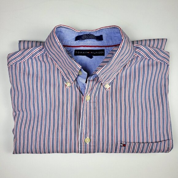 Vintage Tommy Hilfiger Button Down, Men's Large‎ Red White Blue Stripe - Picture 1 of 15
